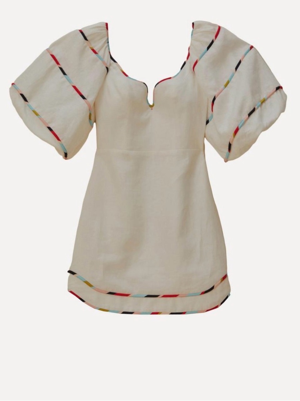 Farm Rio Cream Puff-Sleeve Linen Top with Multicolor Trim